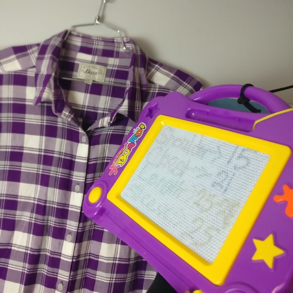 Purple Gingham plaid Western Fringed hem Long sleeve Button down Shirt, M - Picture 8 of 8